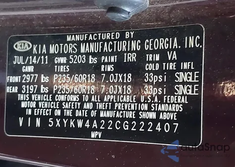 2012 Kia Sorento Sx V6 z USA, uszkodzony, nr VIN 5XYKW4A22CG222407